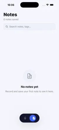 Whispr Notes — On-Device Real-Time Speech Transcription — Notes screen with search